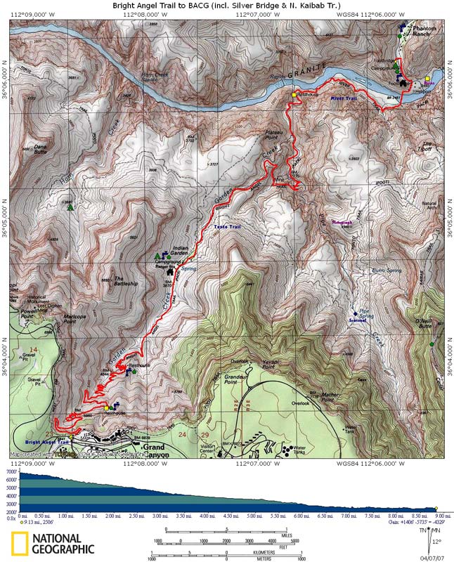 Map of Bright Angel Trail with Elevation Profile