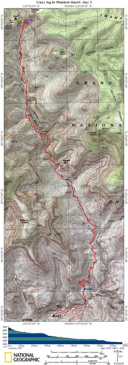 Crazy Jug to Phantom Ranch Map with Elevation Profile