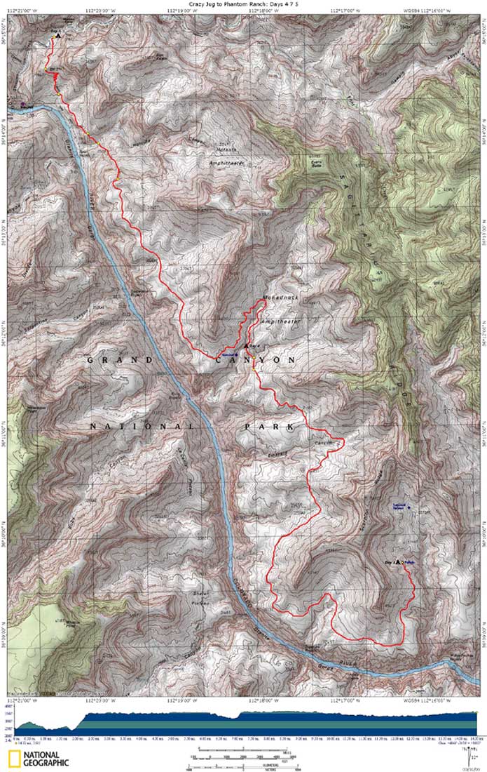 Crazy Jug to Phantom Ranch Map with Elevation Profile