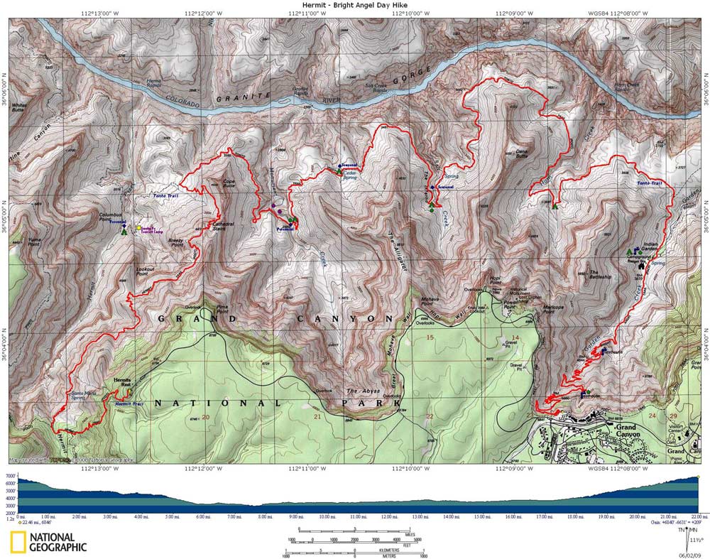 Map of Hermit & Bright Angel Loop with Elevation Profile