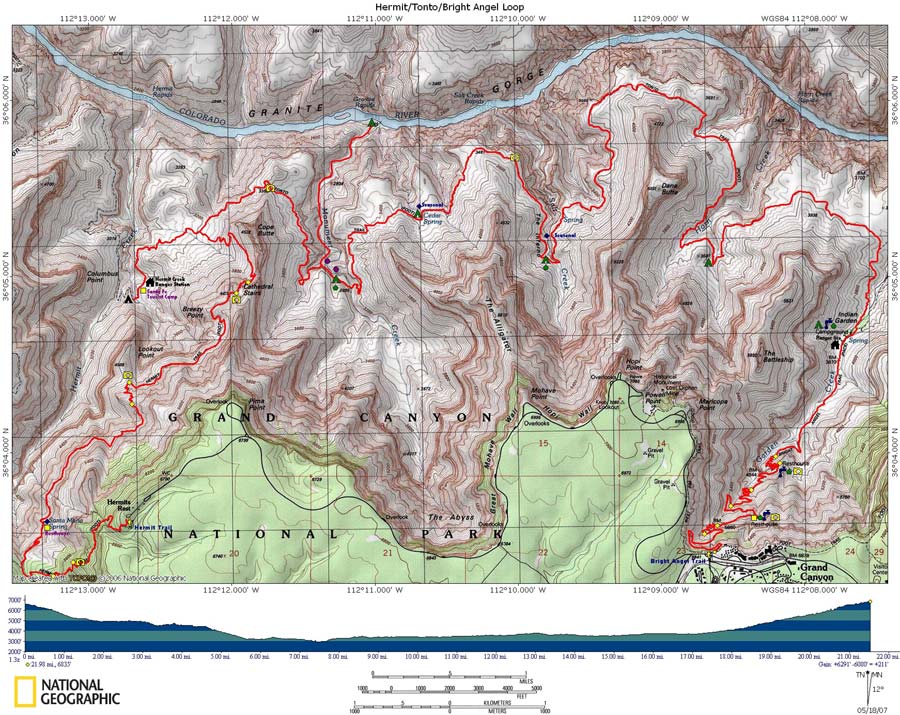 Map of Hermit/Tonto/Bright Angel Loop with Elevation Profile