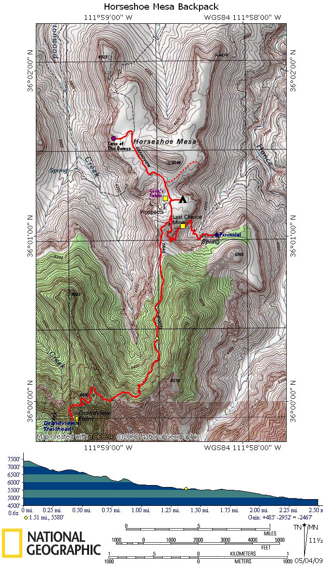 Map of Grandview Trail to Horseshoe Mesa with Elevation Profile