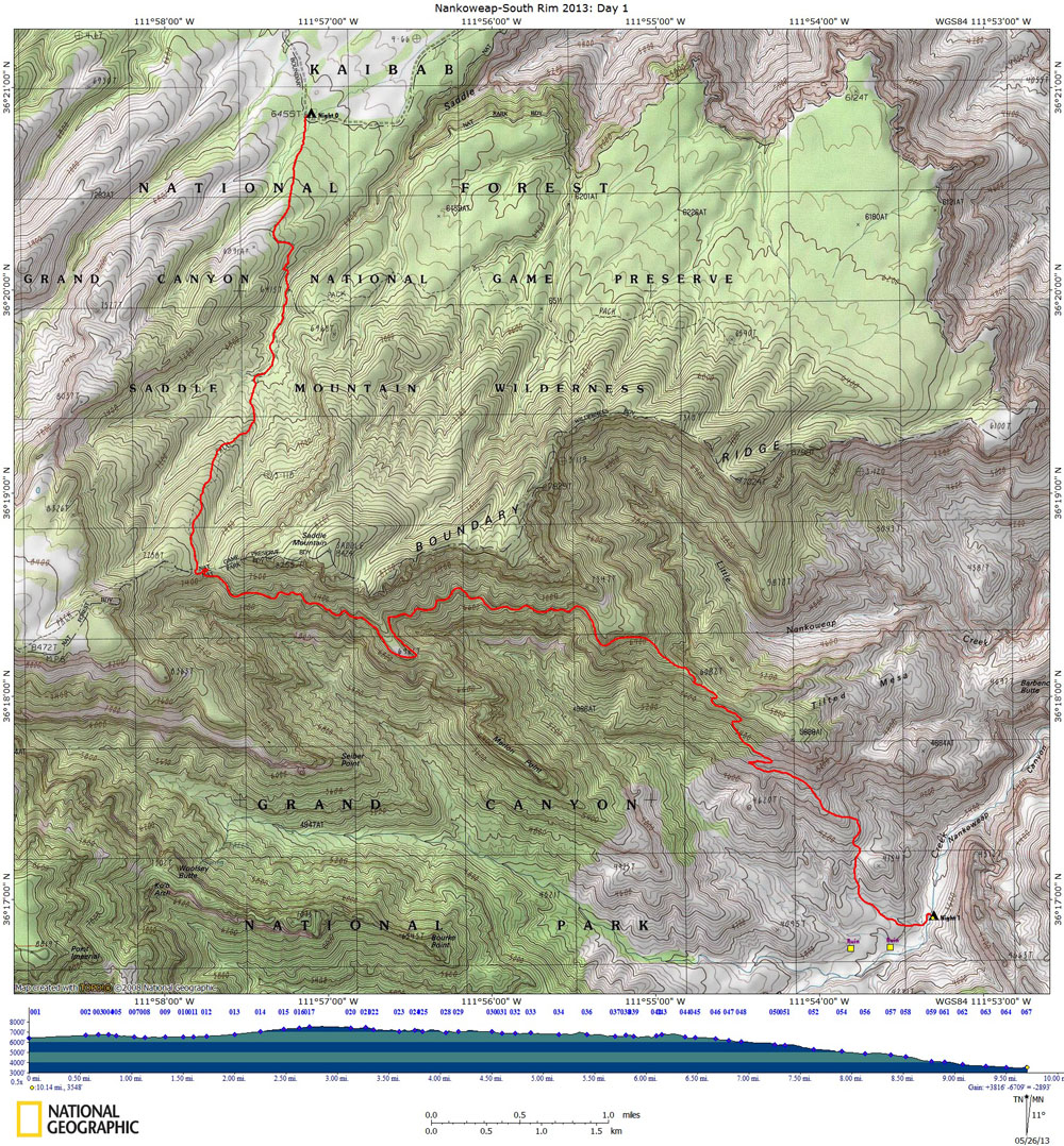 Map of Day 1 of The Nankoweap-South Rim Route with Elevation Profile