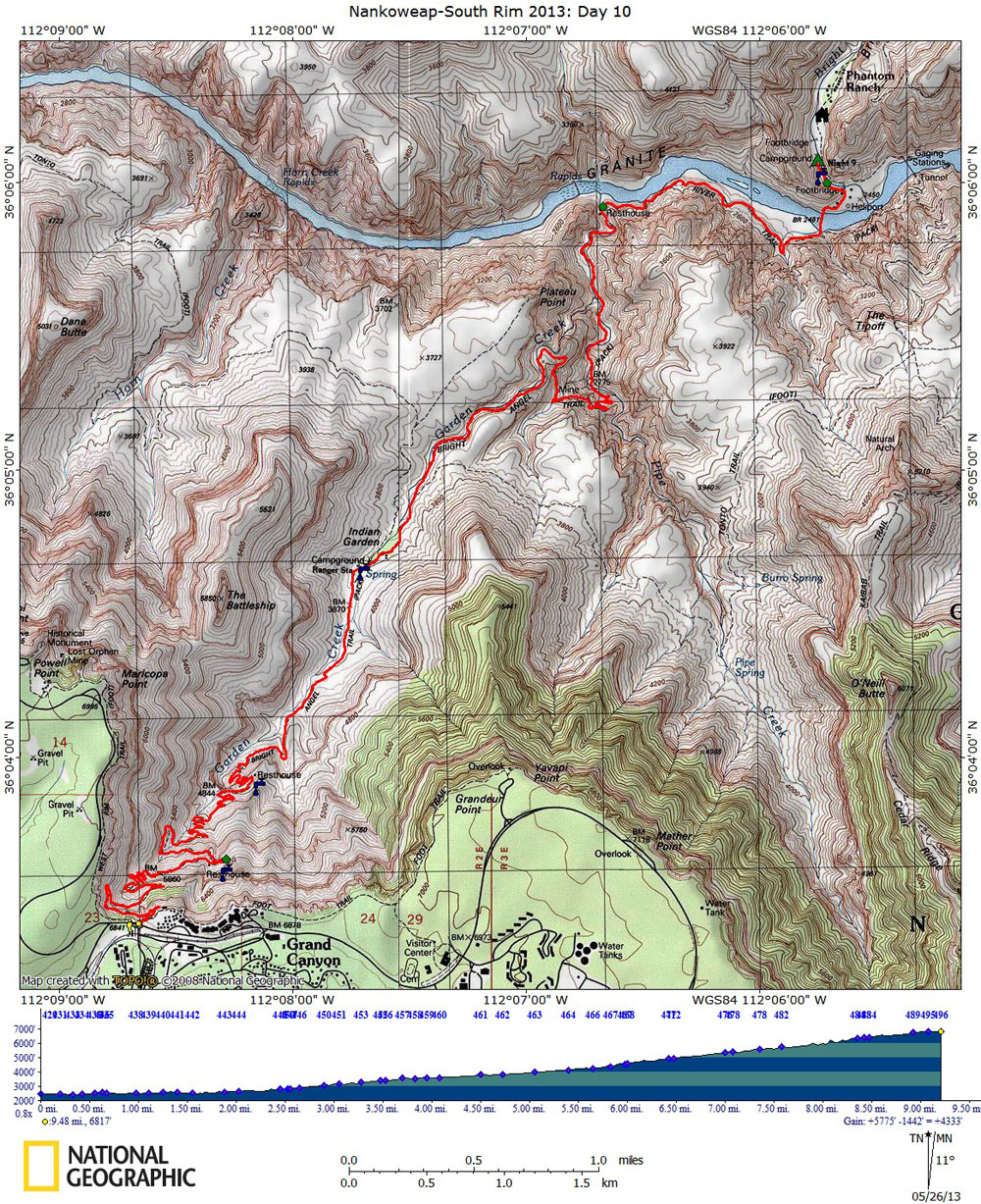 Map of Day 10 of The Nankoweap-South Rim Route with Elevation Profile