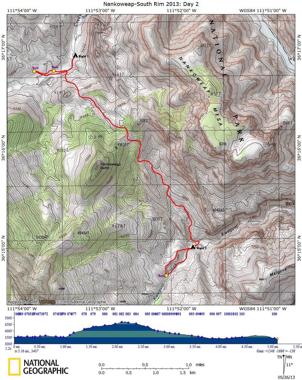 Map of Day 2 of The Nankoweap-South Rim Route with Elevation Profile