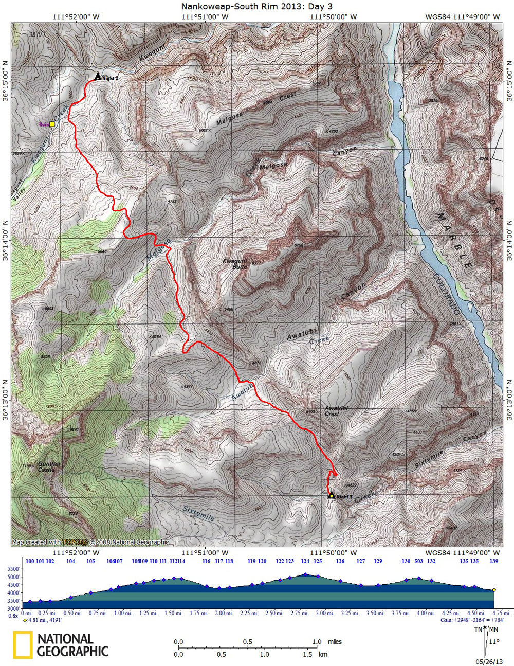 Map of Day 3 of The Nankoweap-South Rim Route with Elevation Profile