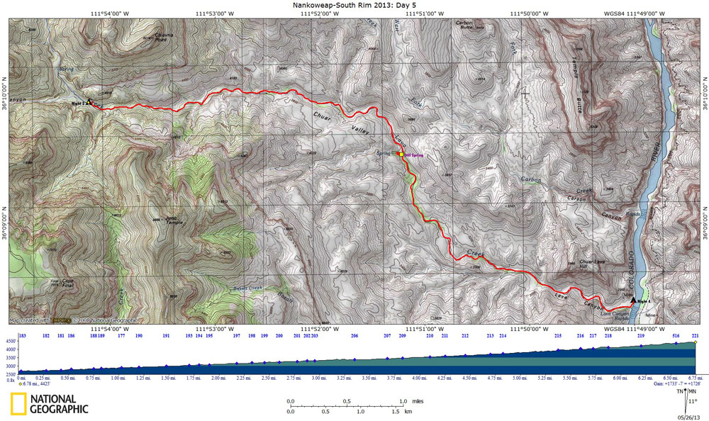Map of Day 5 of The Nankoweap-South Rim Route with Elevation Profile