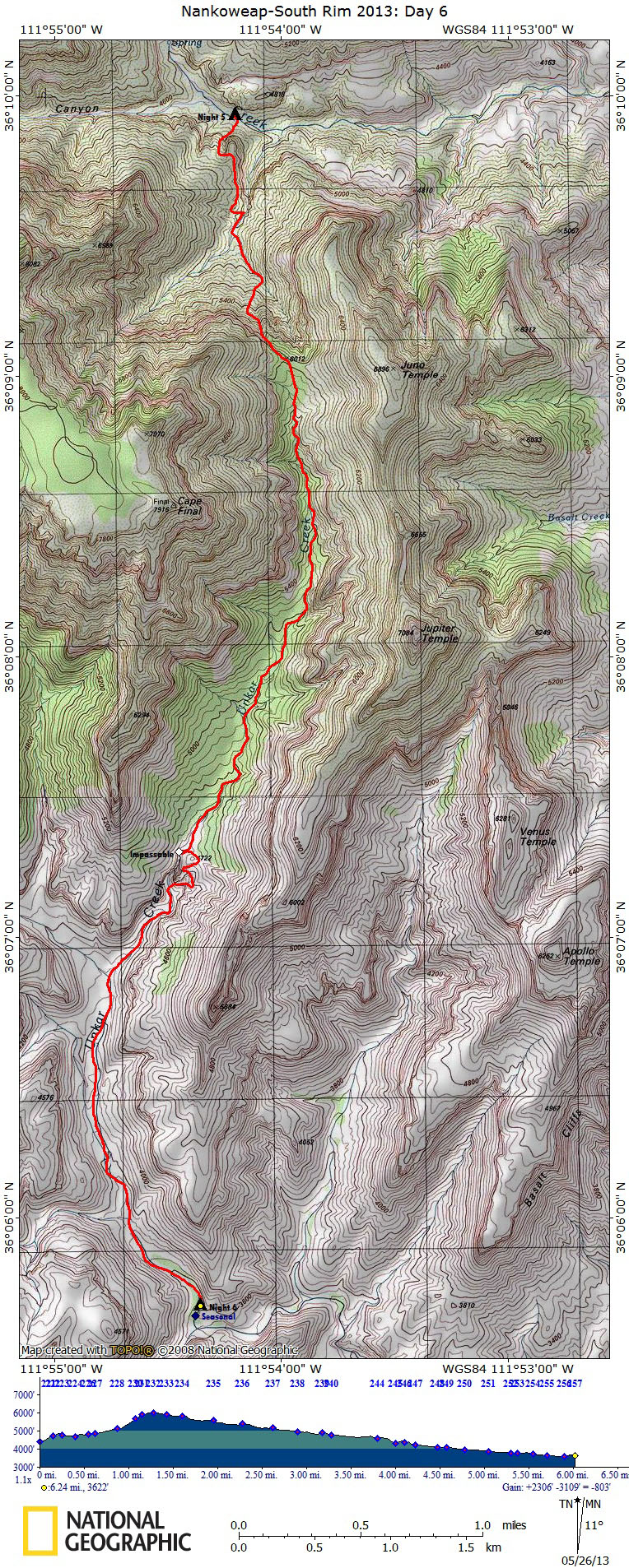 Map of Day 6 of The Nankoweap-South Rim Route with Elevation Profile