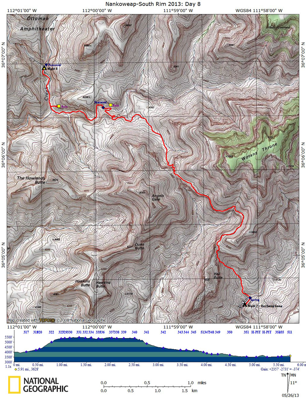 Map of Day 8 of The Nankoweap-South Rim Route with Elevation Profile
