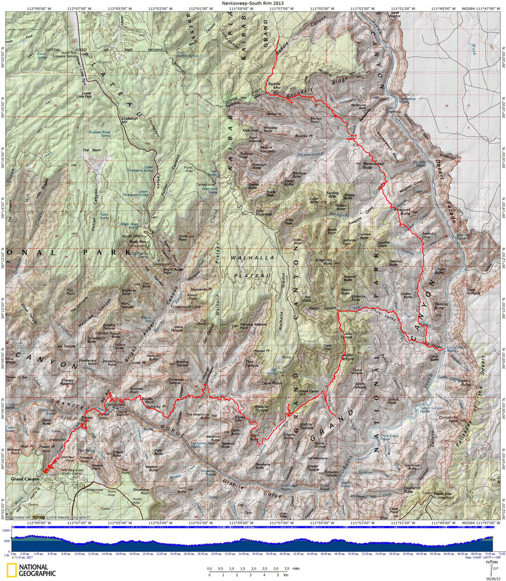 Map of The Nankoweap-South Rim Route with Elevation Profile