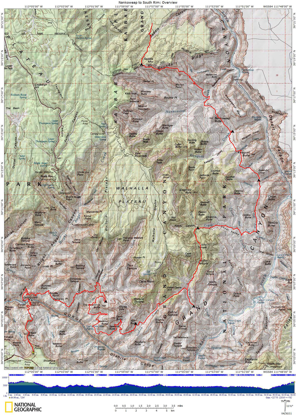 Map of The Nankoweap-South Rim Route with Elevation Profile