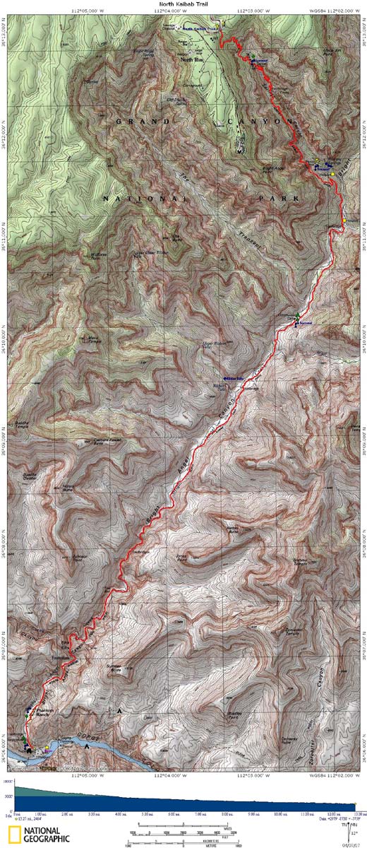 Map of North Kaibab Trail with Elevation Profile