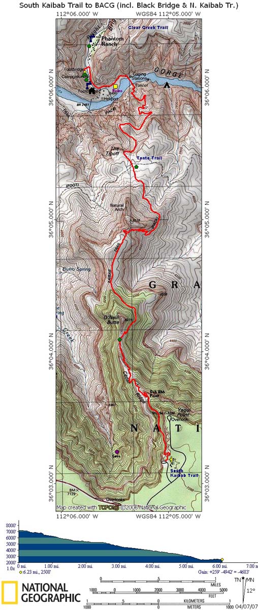 Map of South Kaibab Trail with Elevation Profile