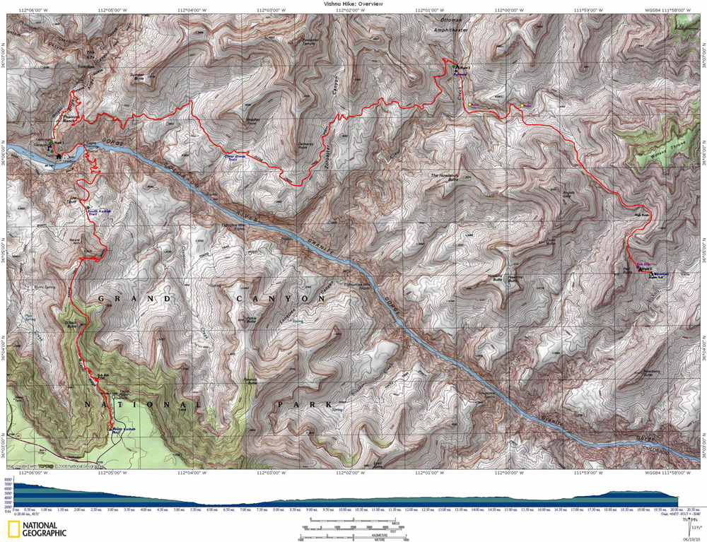 South Kaibab Trail to Phantom Creek with Elevation Profile