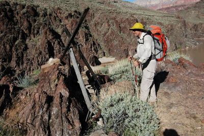 Inspecting the remains of Bass's tram on the north side of the Colorado