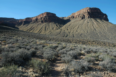 Hiking below Horseshoe Mesa. A route to the mesa top runs through the fault in the west arm