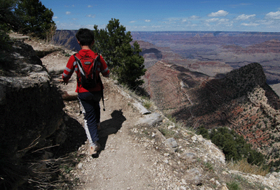 Entering the log-cribbed Kaibab section of Grandview Trail