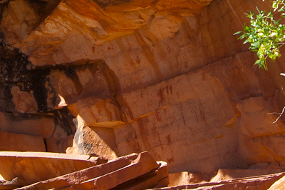 Ancient pictographs mark the proper route through Bright Angel fault in Grand Canyon