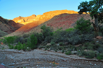 Looking southwest from Unkar Creek to where the first light of day kisses Rama Shrine (top left) and environs