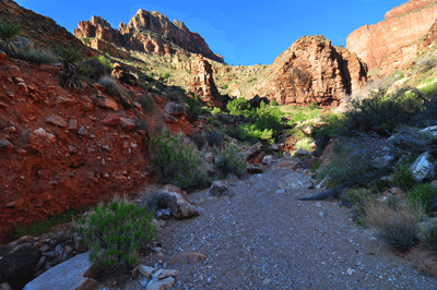 Approaching the Tapeats bypass (left of center) in the south arm of Unkar Creek Canyon