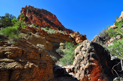The boulder-choked south arm of Unkar Creek Canyon