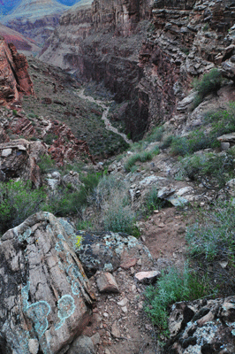 A view of the descent route into the east arm of Clear Creek