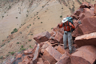 Rob negotiates a boulder field along the descent route into Kwagunt