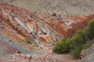 Colorful rock layers exposed in the drainage leading to Kwagunt Creek