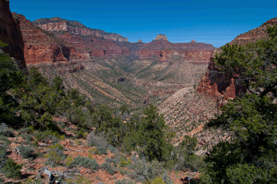 Looking north from the Lava/Unkar Redwall saddle toward Ziegfried Pyre and the North Rim near Atoko Point