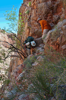 Chris and Rob finish a sporty climb through the Redwall in upper south Unkar