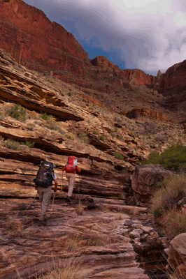 Rob and Chris approaching the Tonto level in Vishnu Canyon