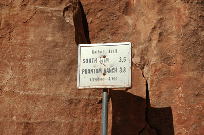 A sign marks the halfway point from the rim to the river along the South Kaibab Trail