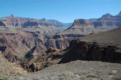 Looking north toward Phantom Ranch (left) and the Old Miner's Route from the river to the Tonto platform