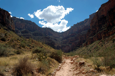 Looking up and along the Bright Angel Trail toward the South Rim