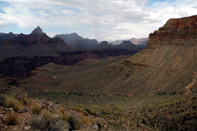 Looking back along the route up the west fork of Horseshoe Mesa with Rama Shrine visible in the distance
