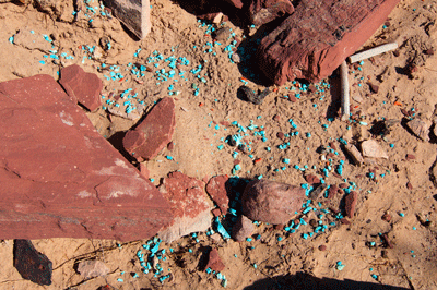 Blue turquoise sherds at the mouth of Basalt