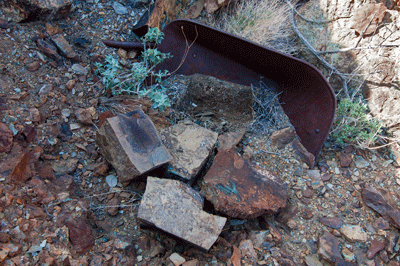 An old wheelbarrow outside the Basalt mine entrance