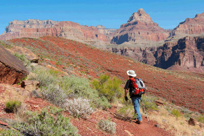 Hiking out of Mineral Canyon with Vishnu Temple dominating the skyline to the north