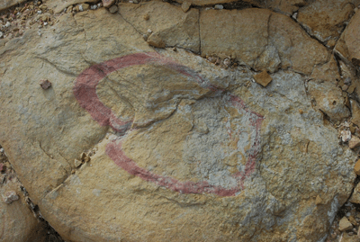 A heart-shaped red stain in this rock