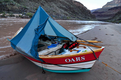 An Oars dory parked at Stone Creek beach