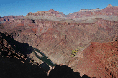 A view of the Colorado River running green through Grand Canyon