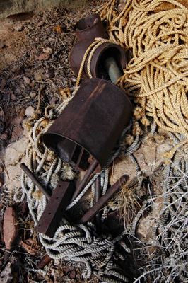 Rope and buckets of hardware at the rim survey site