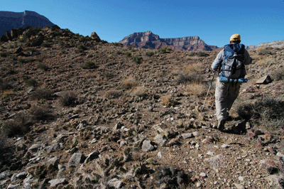 Approaching the extraction point; the place where Dennis was evacuated with injury from the canyon during our March 2009 hike from Crazy Jug to Phantom Ranch
