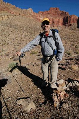 Dennis poses by the cairn marking closure of his route north of the river from Nankoweap to Kanab Creek
