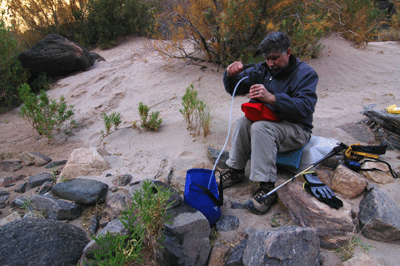 Filtering water for our dry camp in Trinity Creek Canyon
