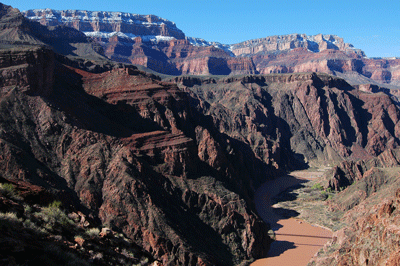 A view of the Black and Silver bridges spanning the Colorado River in Grand Canyon
